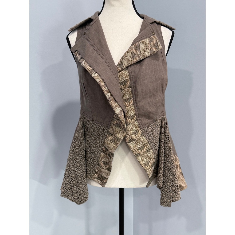 NWT Angels Never Die Women Brown Linen Blend Lace Mixed Media Peplum Vest Size M